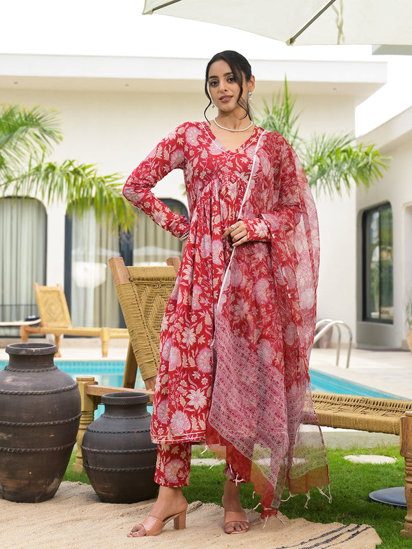 Women's Floral Printed Red Cotton Alia Cut Kurta Set for women - Taantav