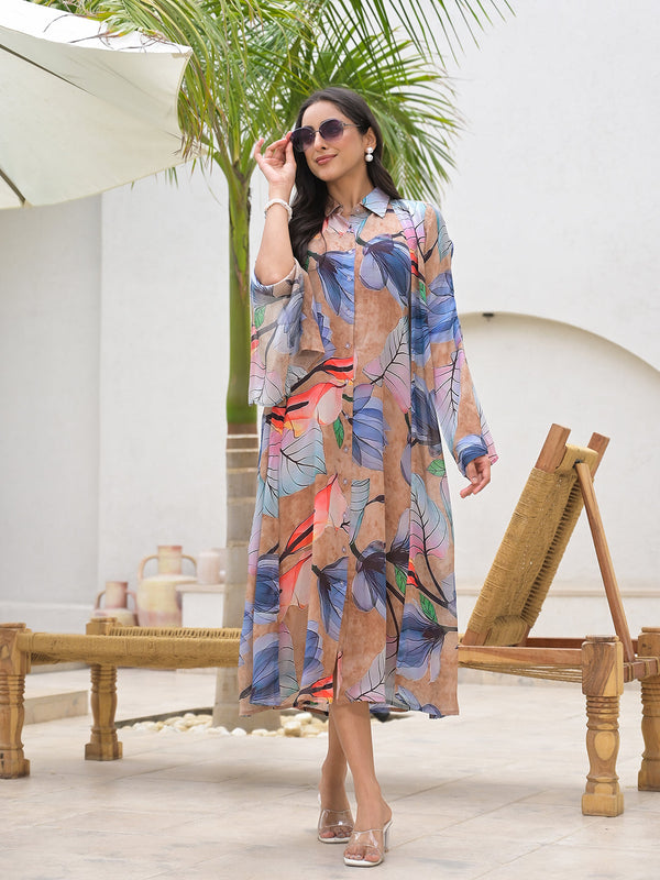 Women's Blue Multi Digital Printed Chinon Kaftan Dress - Taantav