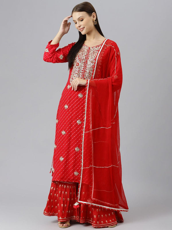 Jashvi Pure georgette Jaipuri Mothda Red Kurta Sharara Set with Dupatta