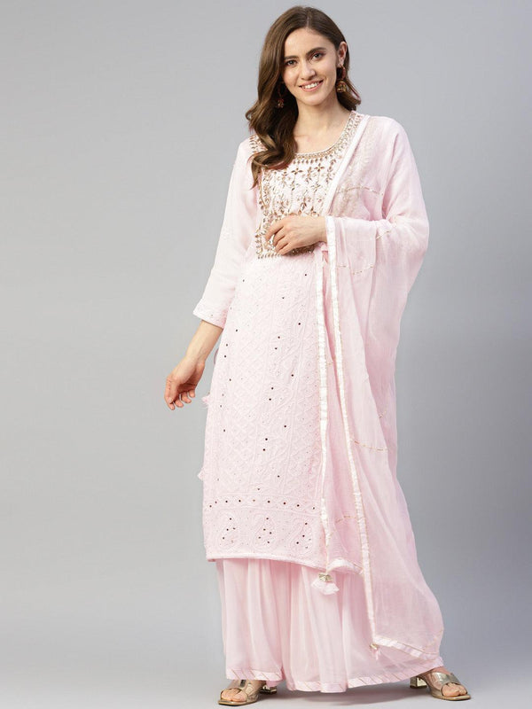 Jashvi Pure Chicken krai georgette Powder Pink Kurta Palazoo Set with Dupatta