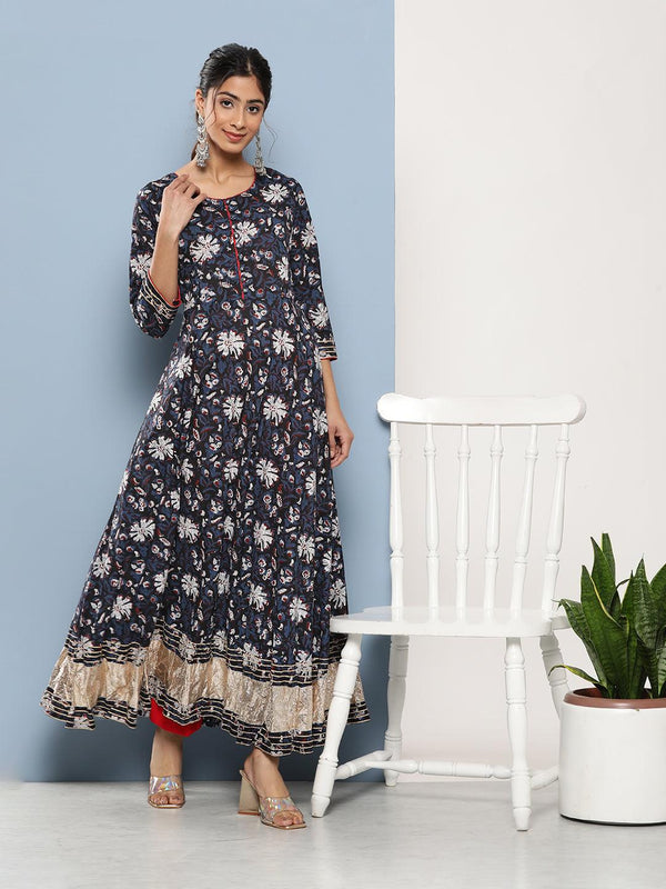 Women's Blue Cotton Anarkali Kurta - Taantav