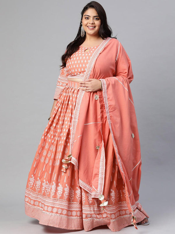 Plus Size Pink Printed Crop Top, lehenga with Dupatta set