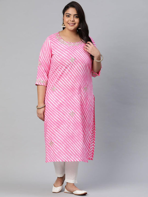 Plus Size Pink Lahariya Cotton Gota patti Straight Kurta