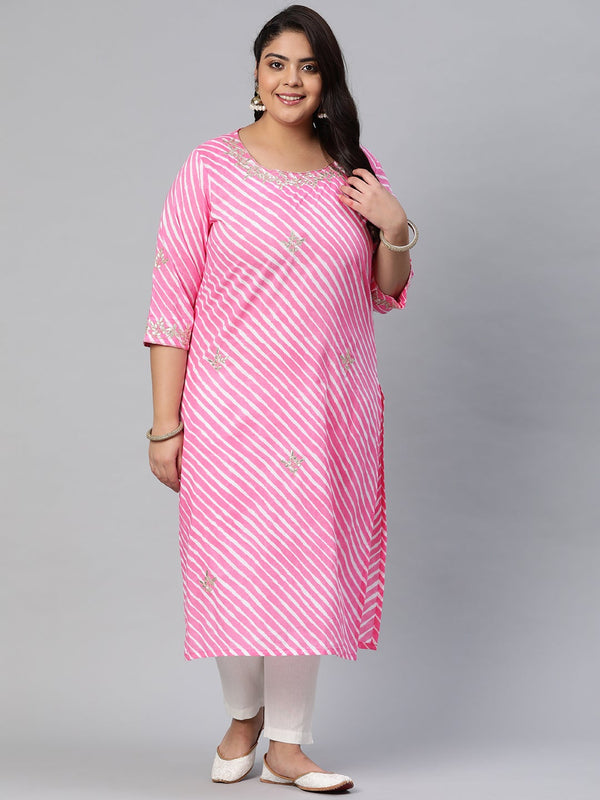 Women's Pink Lahariya Cotton Gota Patti Straight Kurta - Wahenoor