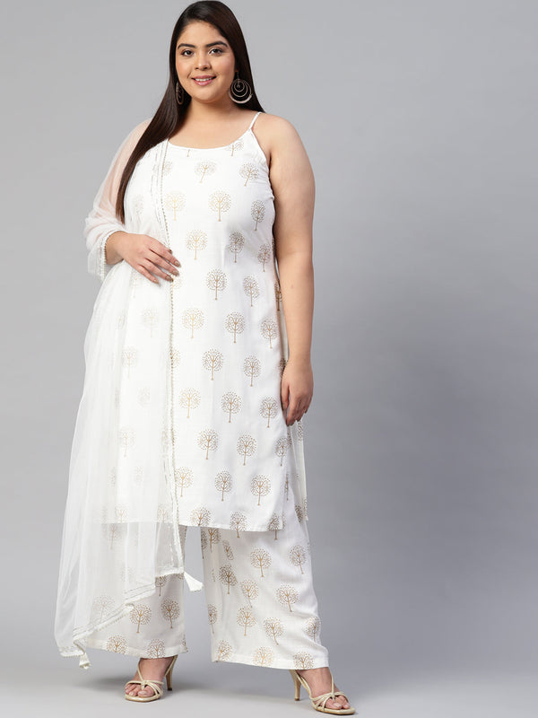 Women's White Shoulder Strip Kurta Palazoo Set With Net Dupatta - Noz2Toz