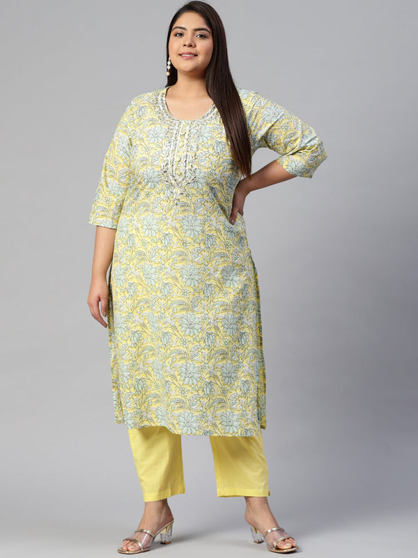 Women's Yellow Cotton Straight Kurta Pant Set - Wahenoor