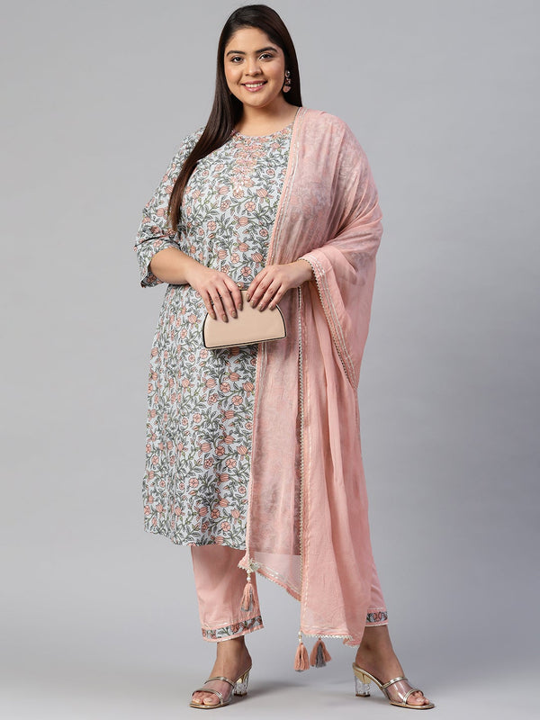 Women's Pastel Blue Floral Straight Cotton Kurta Pant Set With Dupatta - Wahenoor