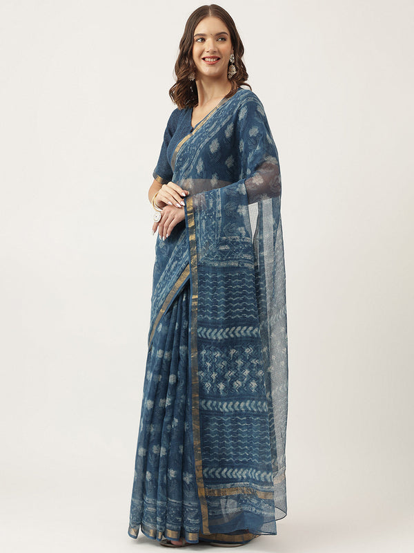 Jashvi Indigo Blue HandBlock Kota Doria Saree