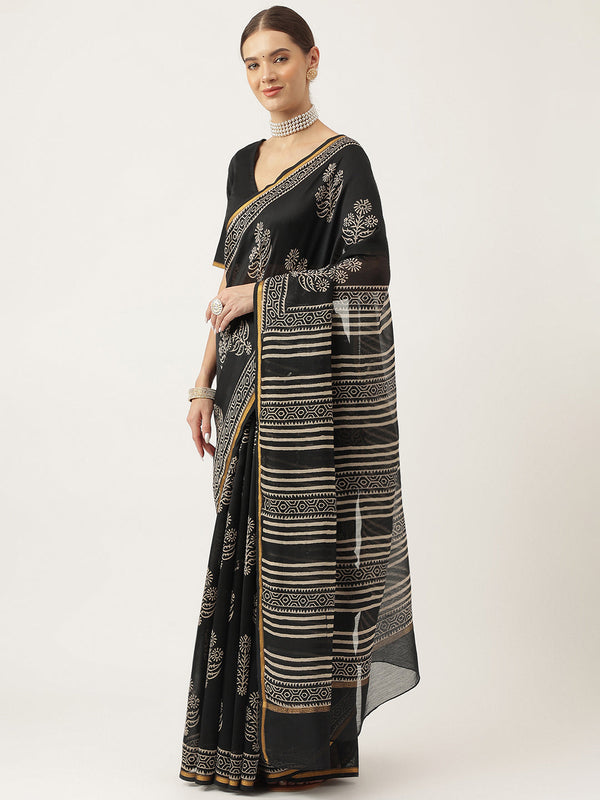 Women's Black Hand Block Chanderi Silk Saree - Taantav