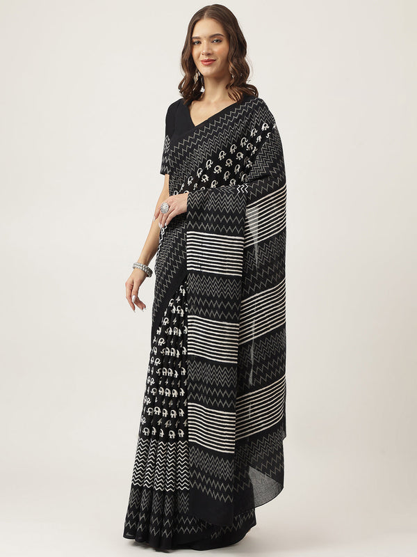 Women's Black Hand Block MulMul Cotton Saree - Taantav