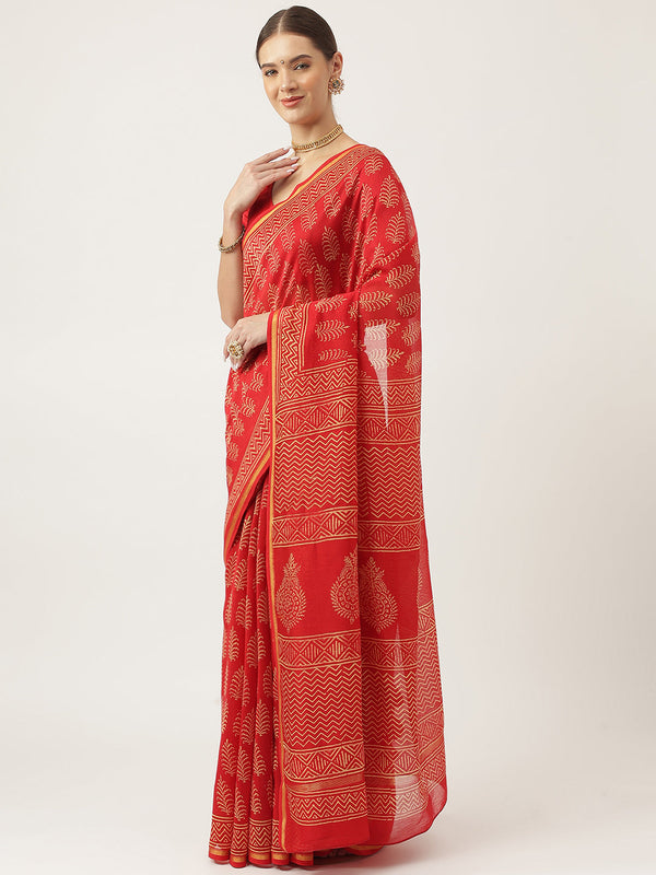 Women's Red Hand Block Chanderi Silk Saree - Taantav