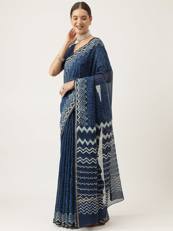 Women's Indigo blue Hand Block Chanderi Silk Saree - Taantav