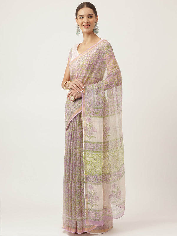 Women's Purple Hand Block Kota Doria Saree - Taantav