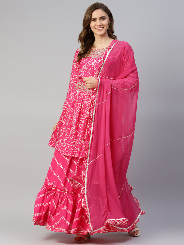 Women's Pink Muslin Bandhani Printed Embroidery Peplum Kurta Sharara Set with Dupatta - Taantav