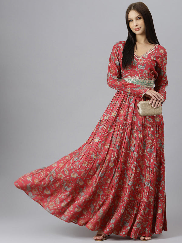 Women's Maroon Floral Printed Muslin Flared Gown - Taantav