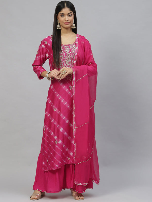 Women's Dark Pink Pure Russian Chenderi Kurta Sharara Set with Dupatta - Taantav