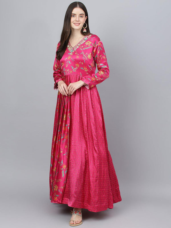 Women's Pink Floral Printed Gaji Silk Flared Gown - Taantav