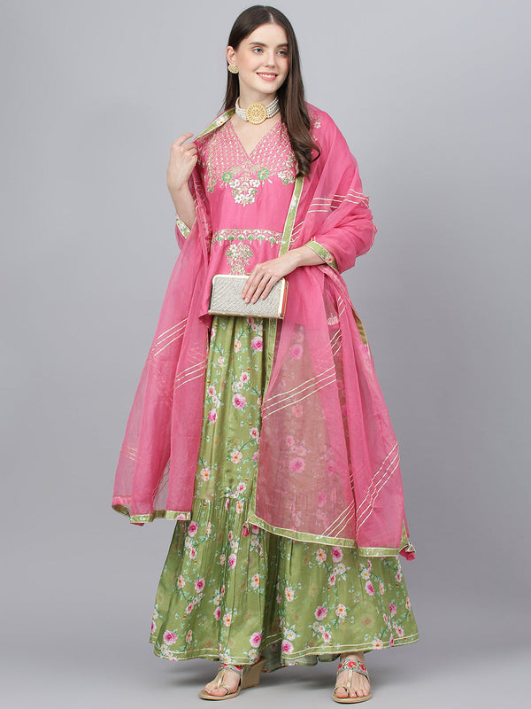 Women's Pink and Green Russian Silk Flared Lehenga Choli Set with Organza Dupatta - Taantav