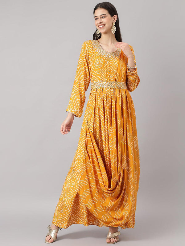 Women's Mustard bandhani Printed Muslin Zari work Drape Style Flared Gown - Taantav