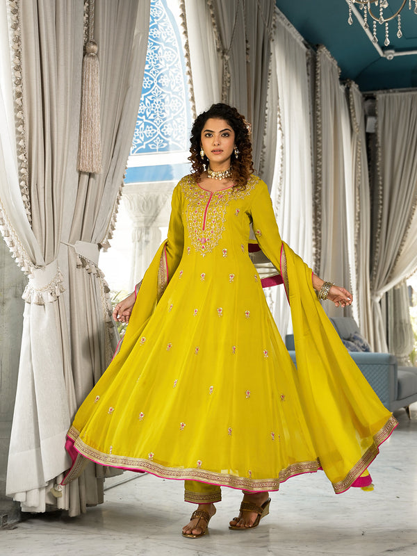 Women's Yellow Zardozi Work Pure Georgette Anarkali Kurta Set with Dupatta - Taantav