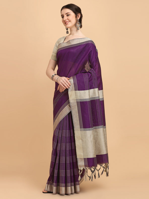 Women's Wine Woven Banglori Raw Silk Saree With Tassels - Vishnu Weaves