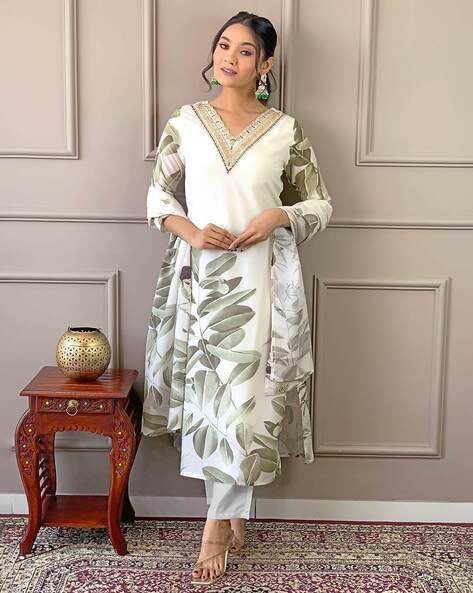 Women's White Kora Muslin Print With Embroidery Lace Kurta Set - Manohara