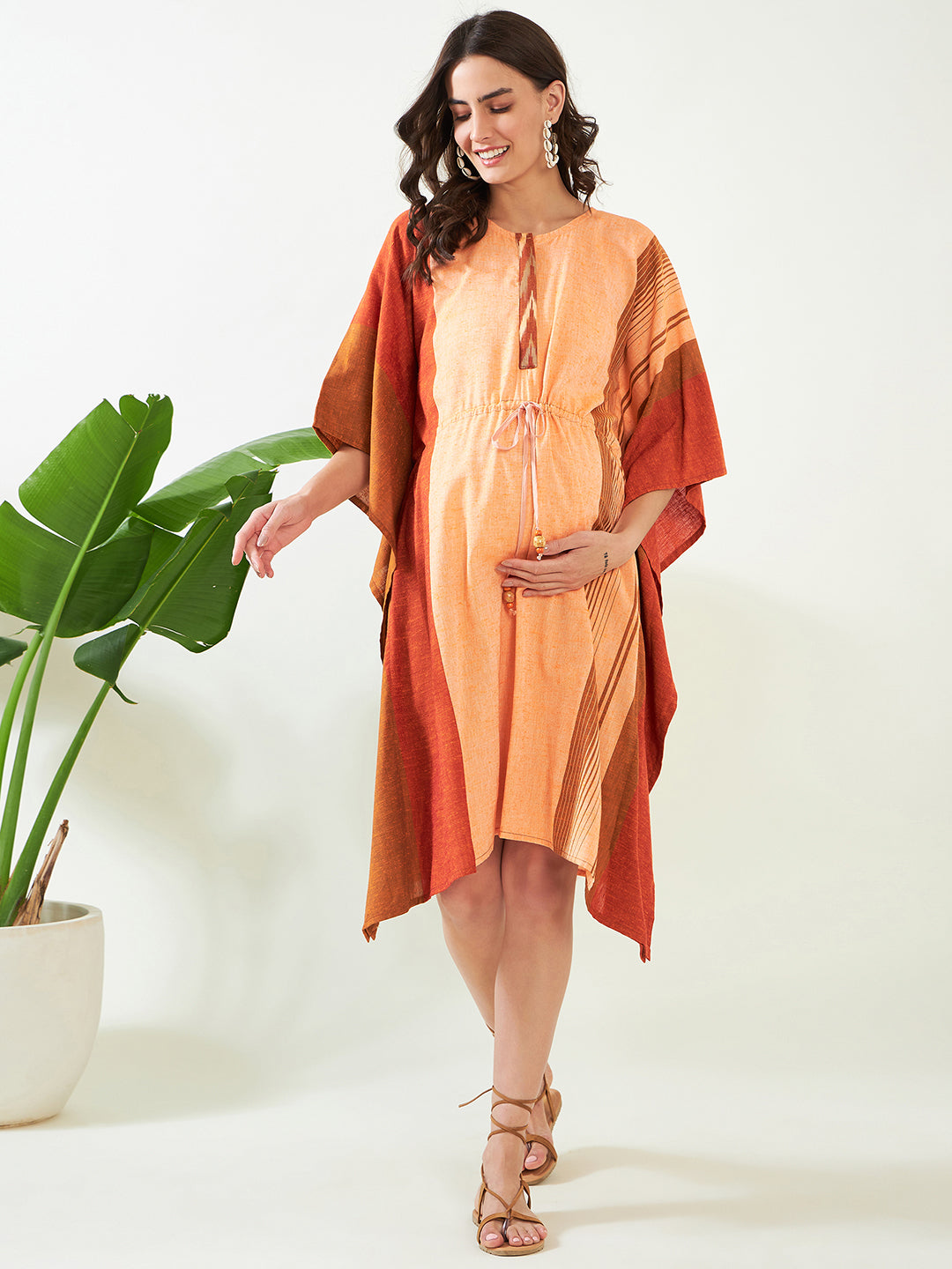 Women's Peach Handloom Cotton Maternity Kaftan - The Kaftan Company