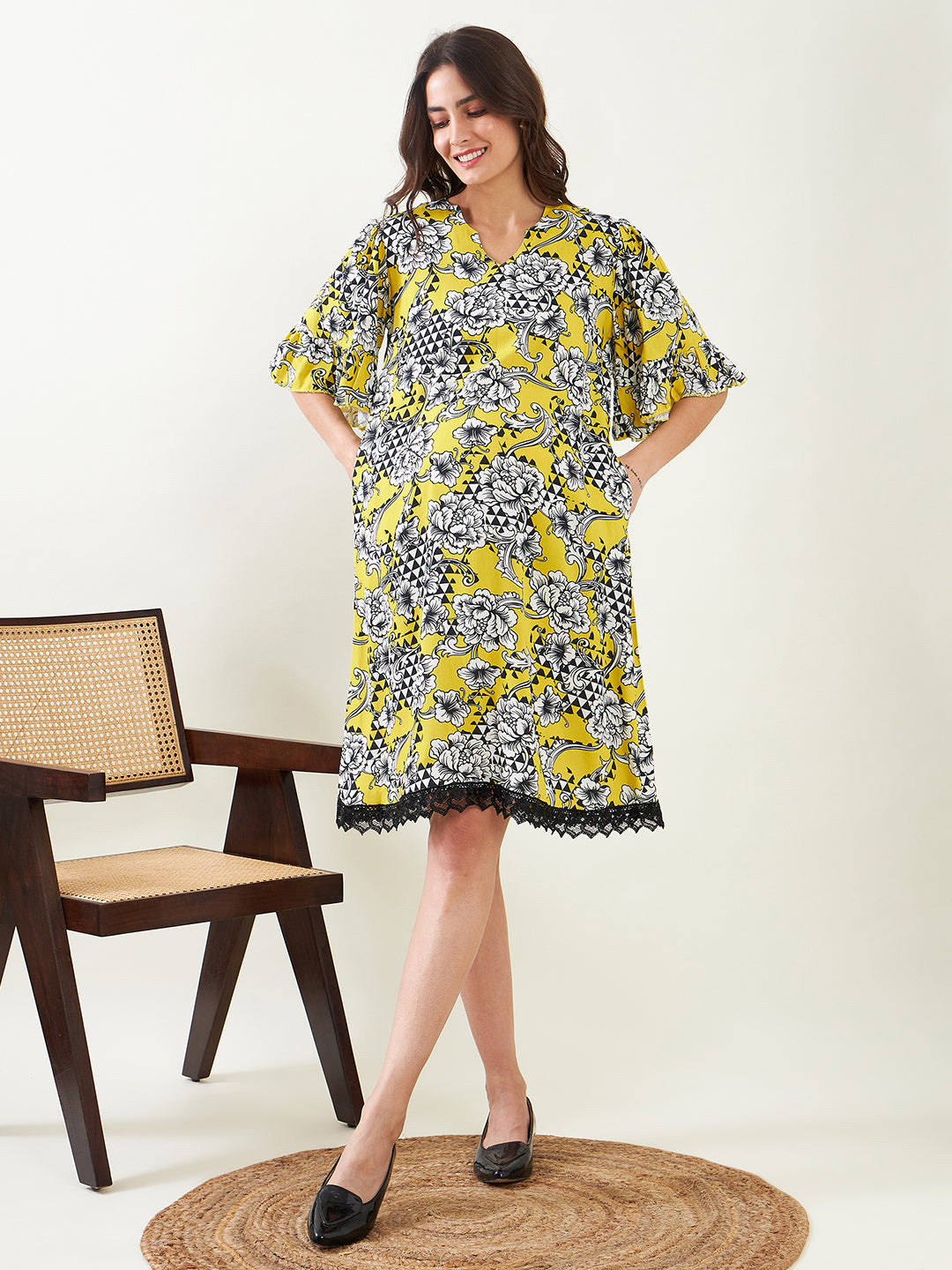 Women's Cotton Yellow Dress - The Kaftan Company