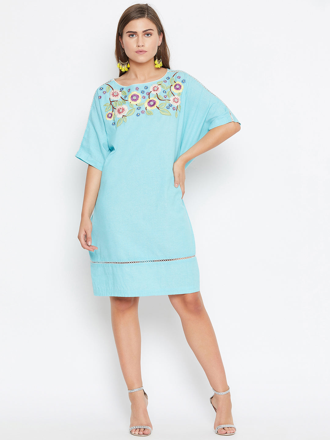 Women's Floral Hand Embroidered Blue Cotton Dress - The Kaftan Company