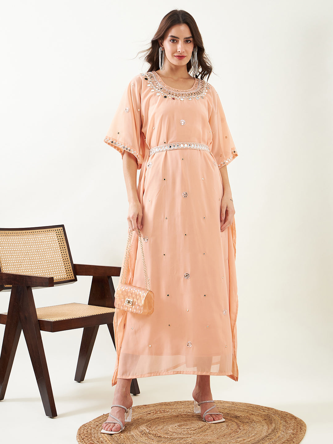 Women's Georgette Peach Dress - The Kaftan Company