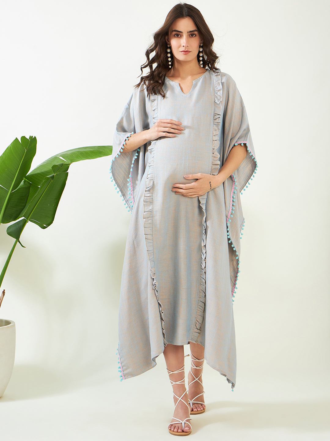 Women's Blue Radiant Soft Linen Maternity And Feeding Kaftan - The Kaftan Company