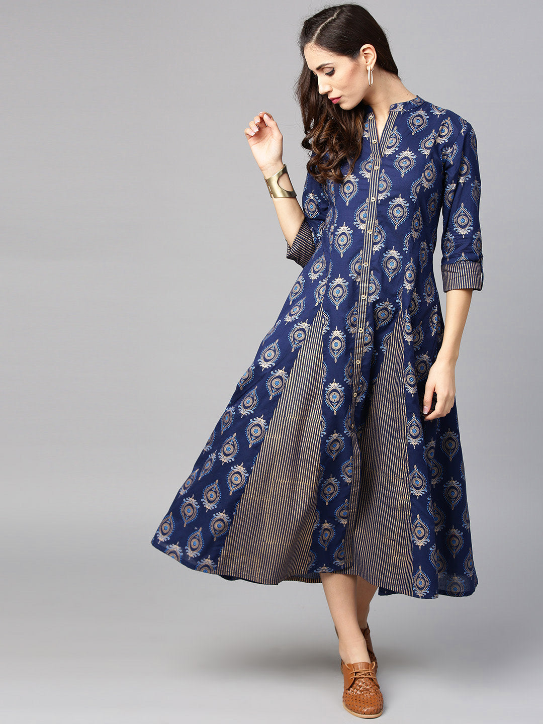 Women's Navy And Golden Printed Woven Maxi Dress - Noz2Toz