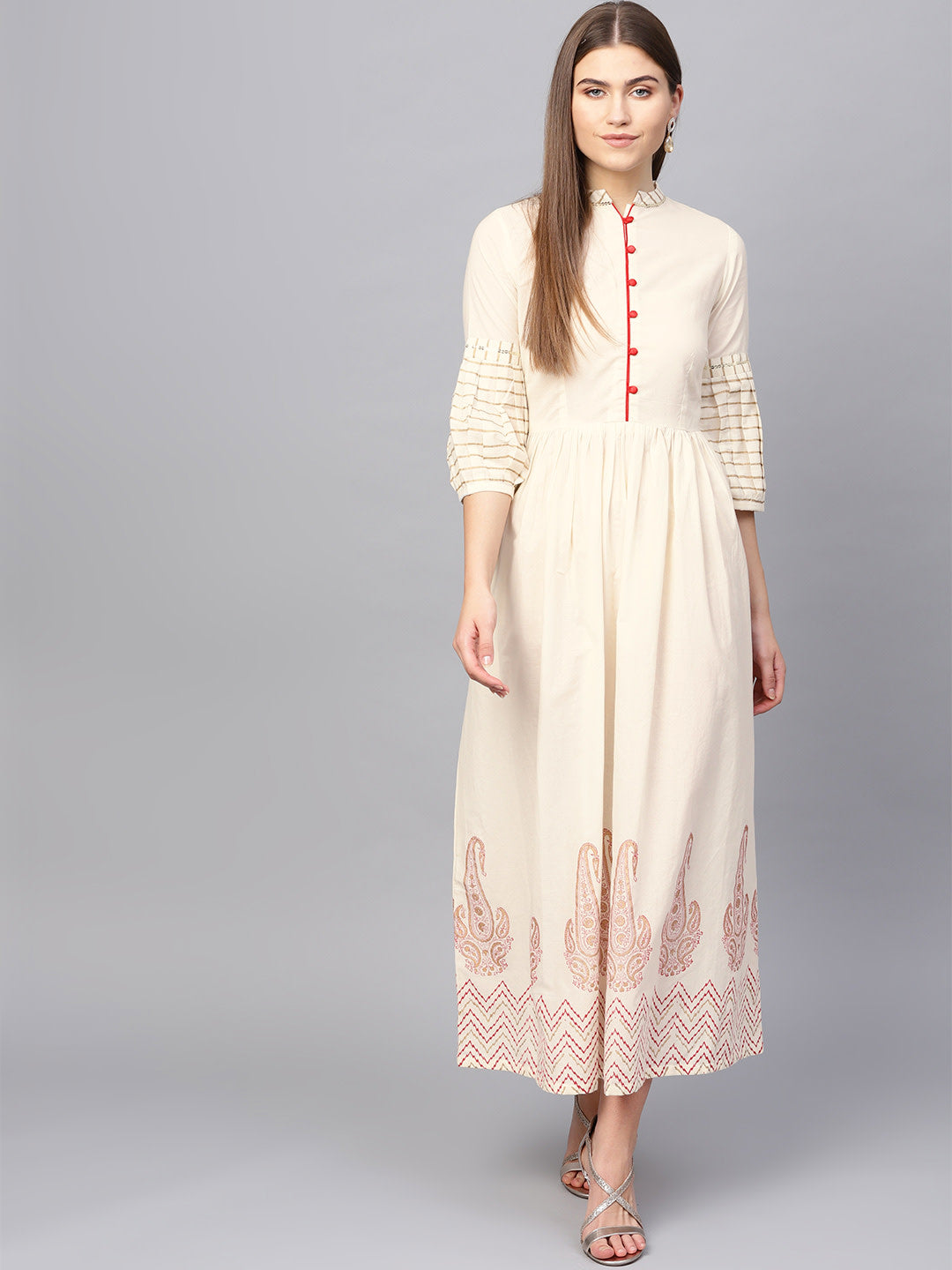 Women's Cream-Coloured Printed Detail Woven Maxi Dress - Noz2Toz