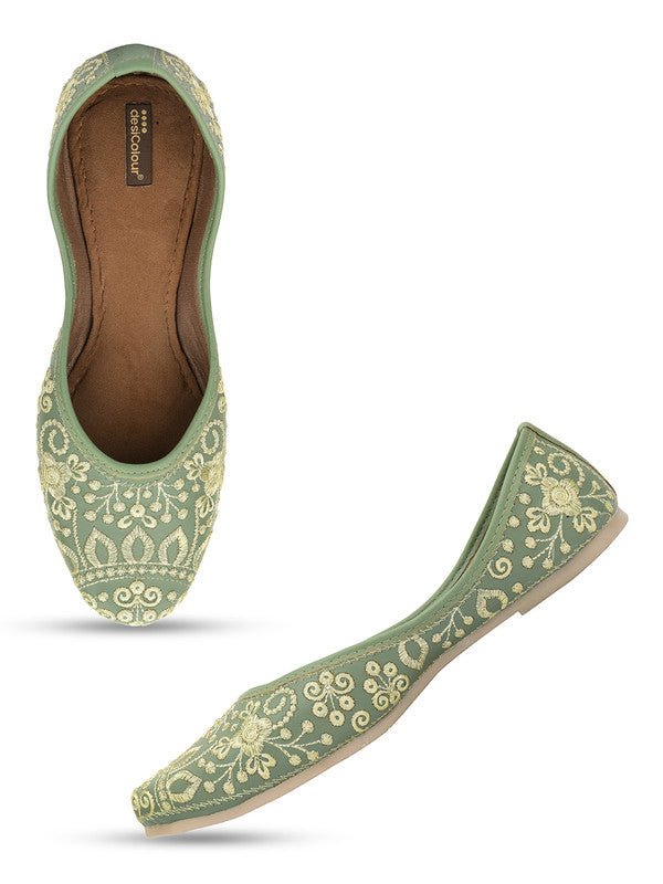 Women's Green Embroidered Indian Handcrafted Ethnic Comfort Footwear - Desi Colour