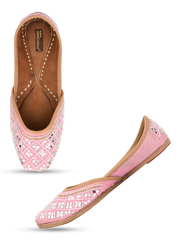 Women's Baby Pink Mirror Work Leather Embroidered Indian Handcrafted Ethnic Comfort Footwear - Desi Colour