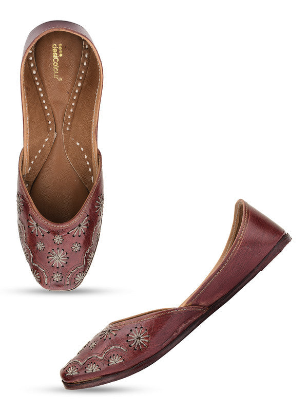 Women's Brown Leather Embroidered Indian Handcrafted Ethnic Footwear - Desi Colour