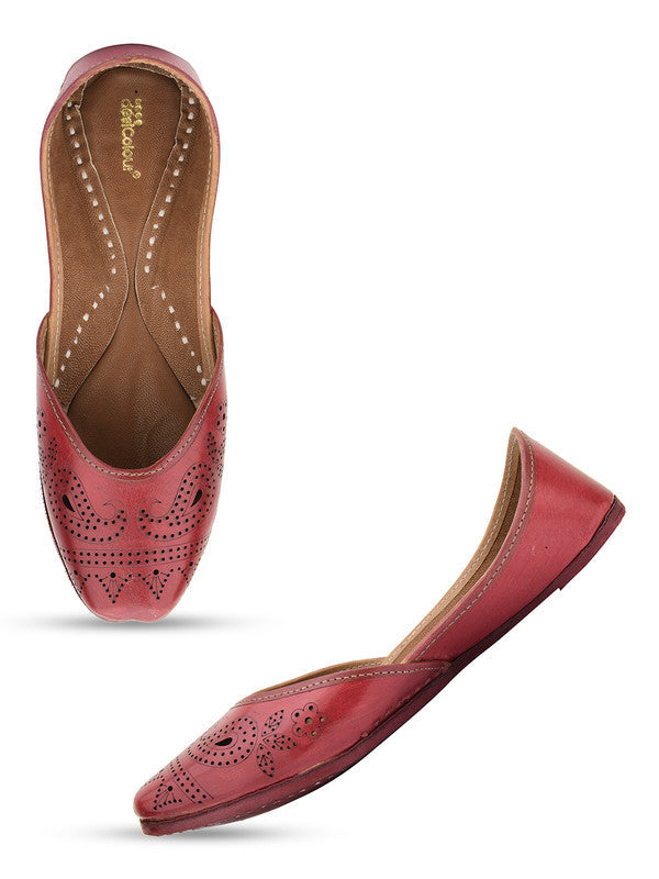 Women's Red Leather Embroidered Indian Handcrafted Ethnic Footwear - Desi Colour