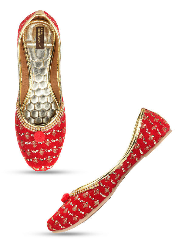 Women's Red Embroidered Indian Handcrafted Ethnic Comfort Footwear - Desi Colour