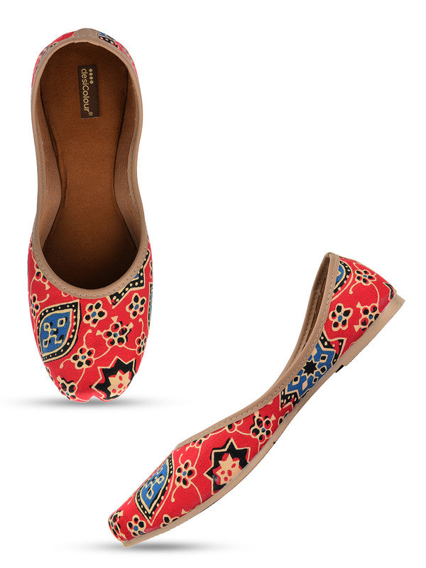 Women's Red Fabric Printed Indian Handcrafted Ethnic Comfort Footwear - Desi Colour