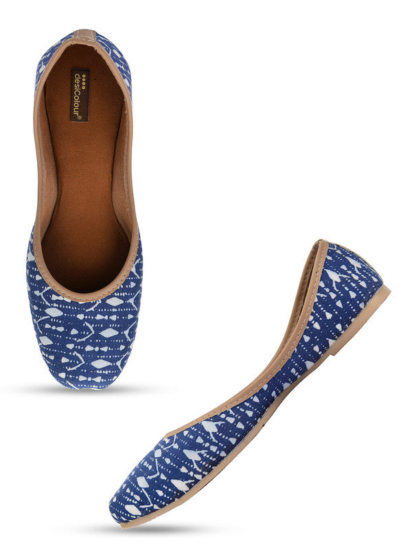 Women's Blue Fabric Printed Indian Handcrafted Ethnic Comfort Footwear - Desi Colour