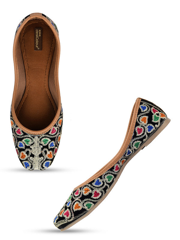 Women's Black Embroidered Indian Handcrafted Ethnic Comfort Footwear - Desi Colour