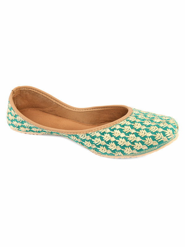 Women's Green Embroidered Indian Handcrafted Ethnic Comfort Footwear - Desi Colour