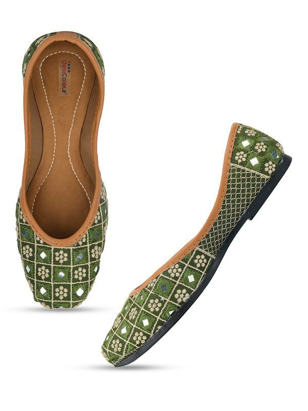 Women's Green Embroidered Indian Handcrafted Ethnic Comfort Footwear - Desi Colour