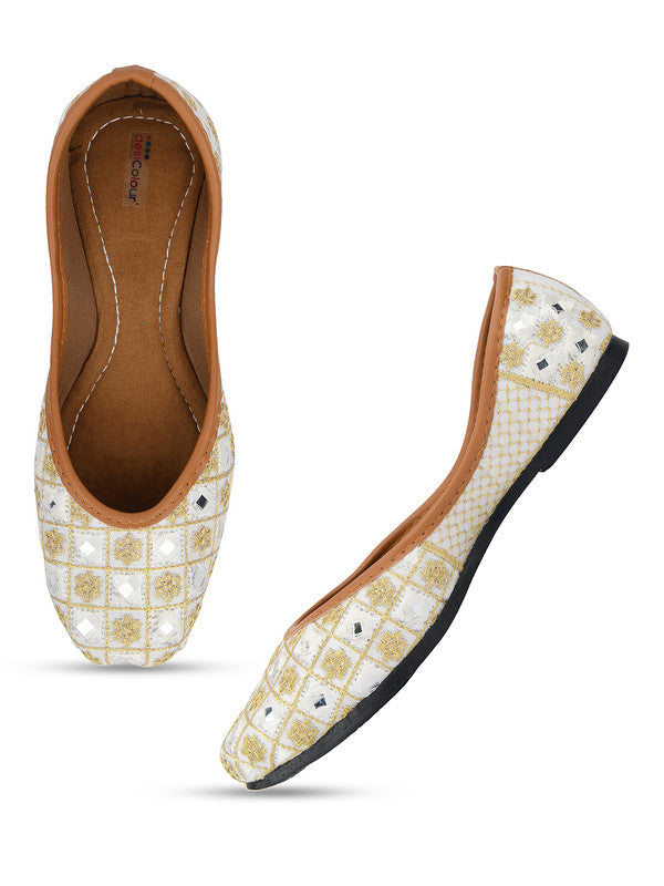 Women's White Embroidered Indian Handcrafted Ethnic Comfort Footwear - Desi Colour