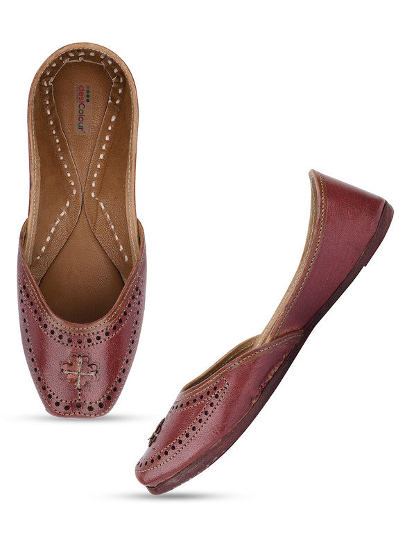 Women's Brown Leather Embroidered Indian Handcrafted Ethnic Footwear - Desi Colour