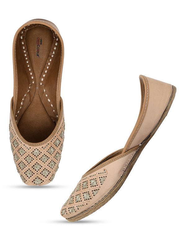 Women's Nude Leather Embroidered Indian Handcrafted Ethnic Footwear - Desi Colour