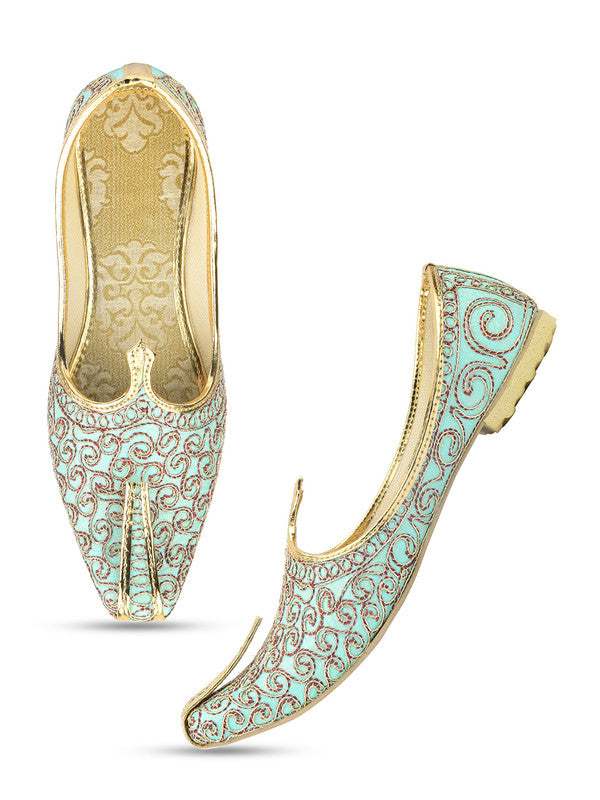 Men's Indian Ethnic Party Wear Sea Green Embroidered Footwear - Desi Colour