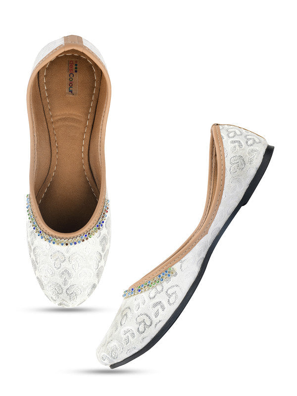 Women's Silver Embroidered Indian Handcrafted Ethnic Comfort Footwear - Desi Colour