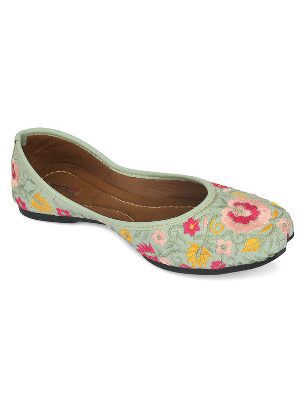 Women's Sea Green Florals Indian Ethnic Comfort Footwear - Desi Colour