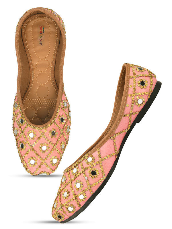 Women's Pink Embroidered Indian Ethnic Comfort Footwear - Desi Colour